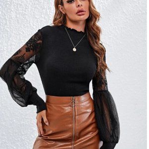 SHEIN Bishop Sleeve Lettuce Trim Sweater